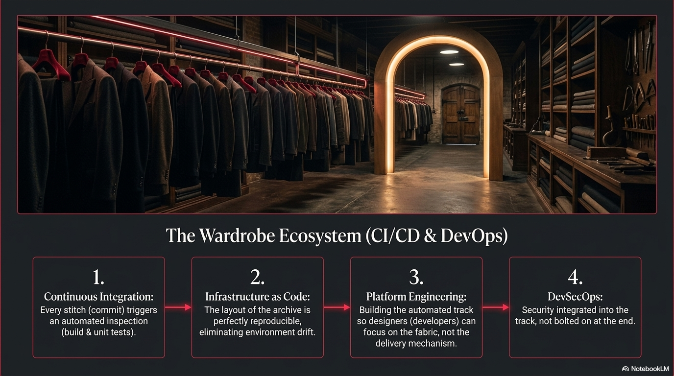 A walk-in wardrobe with four distinct zones visible through an arched golden doorway: each section handling its own category of work independently.