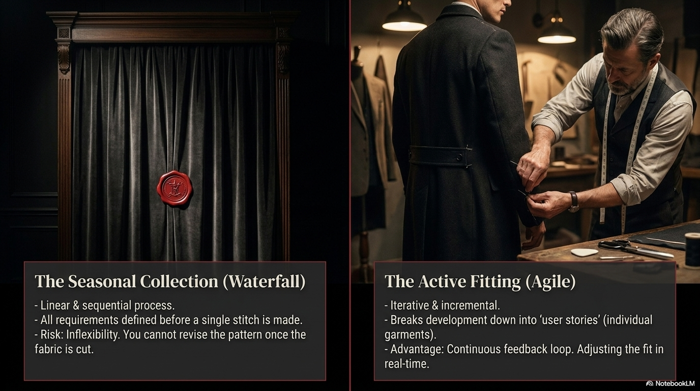 Left side: a sealed curtain with a wax stamp: the sequential, locked approach. Right side: a tailor actively fitting a client: iterative and responsive. Two methodologies, one choice.