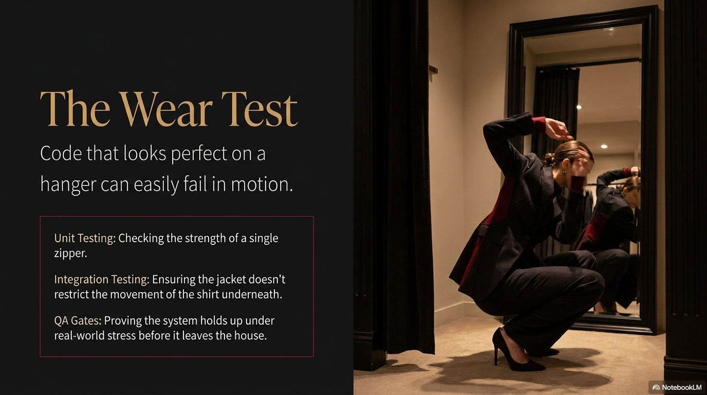 A person in a dark suit mid-movement, fabric in motion: the wear test. Code that looks perfect on a hanger can fail in motion. Testing is what happens when the product meets the real world.